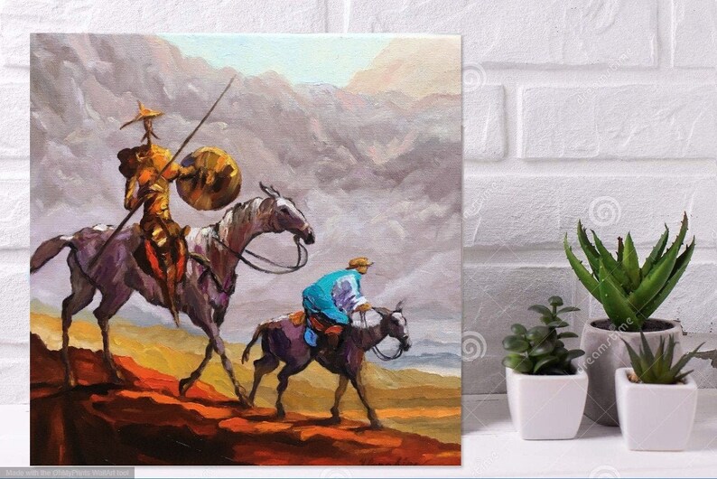 May include: A painting of two figures on horseback riding through a mountainous landscape. The figure in the foreground is wearing a blue tunic and riding a brown horse. The figure in the background is wearing a yellow tunic and riding a white horse. The painting is done in a painterly style with visible brushstrokes.