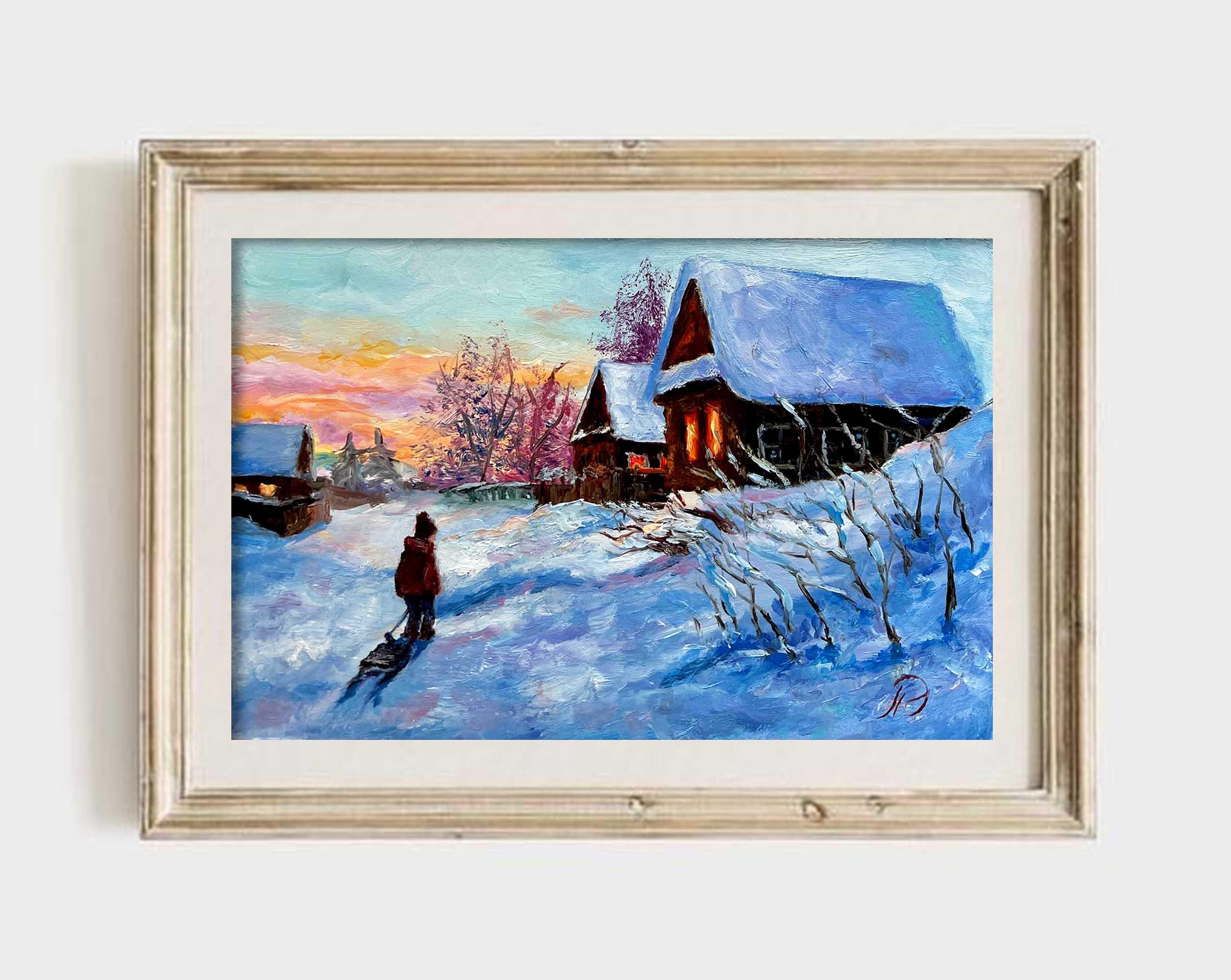 子供と冬景色 オリジナル油絵 そり ロシアの風景 印象派の風景 雪の絵
