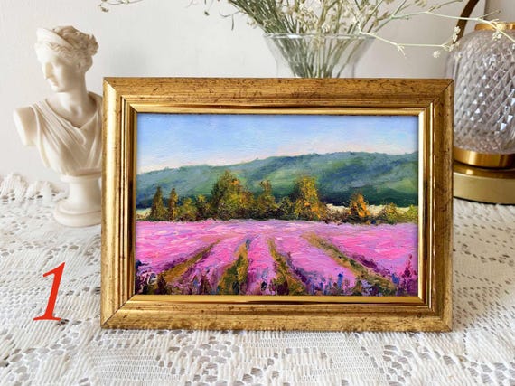 Lavender Field Oil Painting Landscape Provence Style Purple Flower Meadow Framed or Unframed  Option Miniature Original Artwork Rustic decor