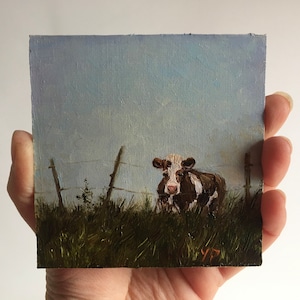 Tiny original oil painting, Cow in field, Cow in art landscape, Farm rural painting, Impasto art, Cow in the summer pasture, Cows in a Paddock