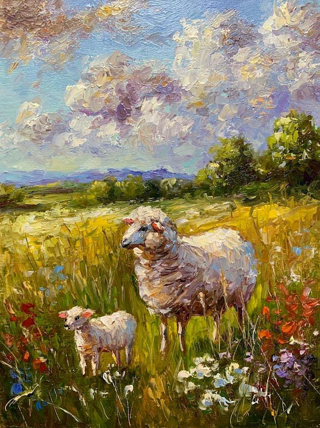 羊の絵 農場の動物 夏の牧草地に描かれた羊のカラフルな厚塗りの絵画