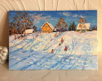 子供たちのいる冬の風景 オリジナルの油絵 そり ロシアの風景 印象派の