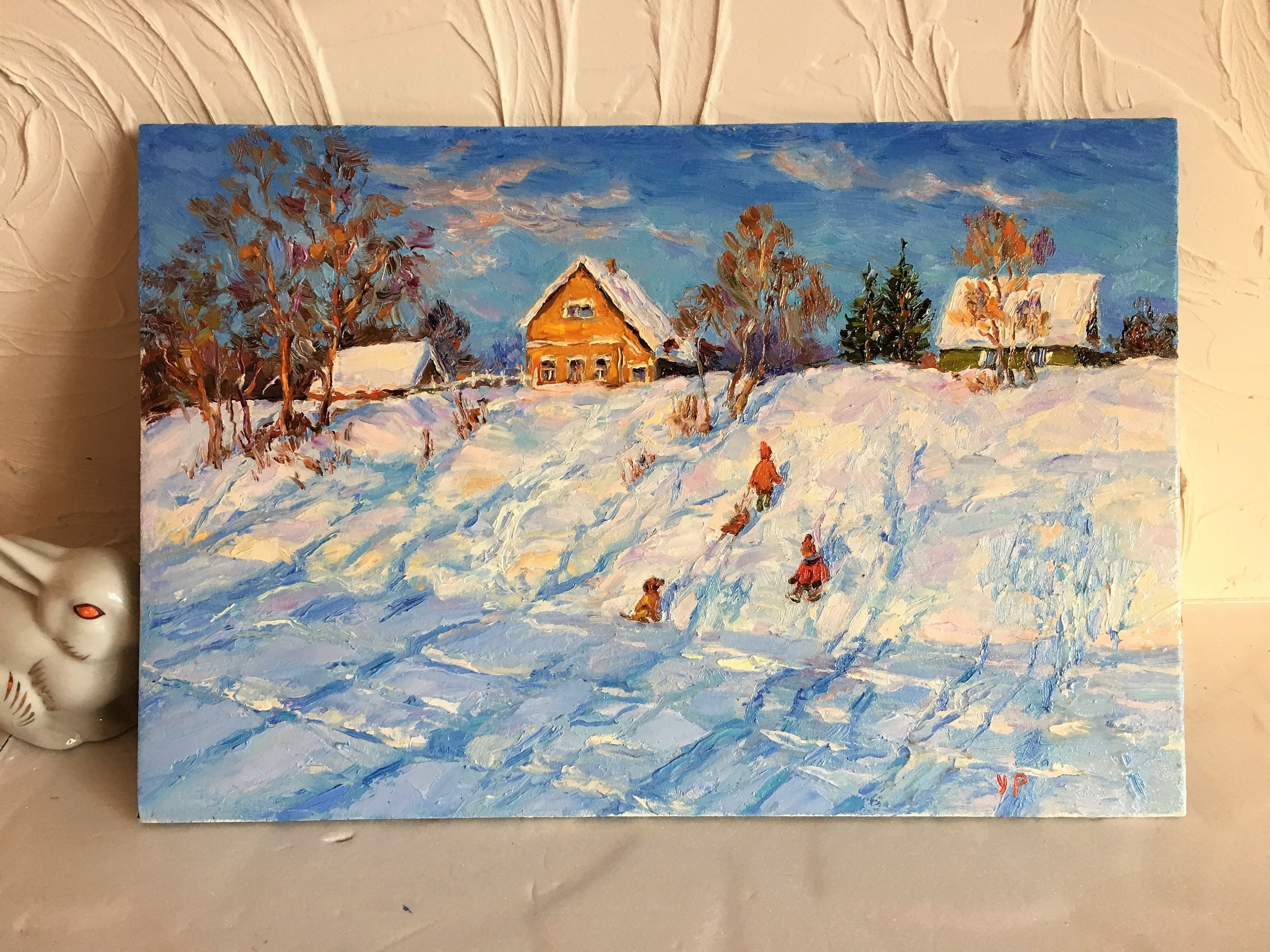 子供たちのいる冬の風景 オリジナルの油絵 そり ロシアの風景 印象派の