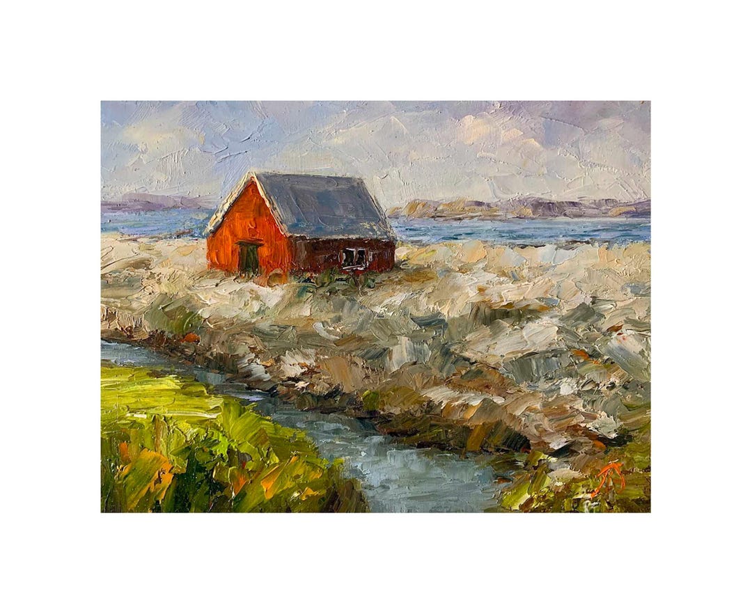 Iceland Landscape Winter Snowy Impasto Oil Painting Village Red House ...