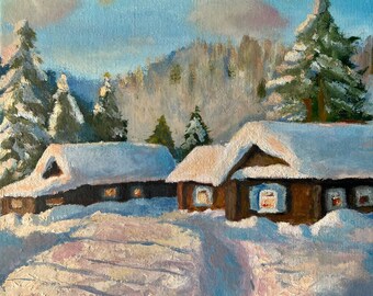 冬の村/キャンバスに描かれた田園風景/オリジナル油絵/森と雪の中の