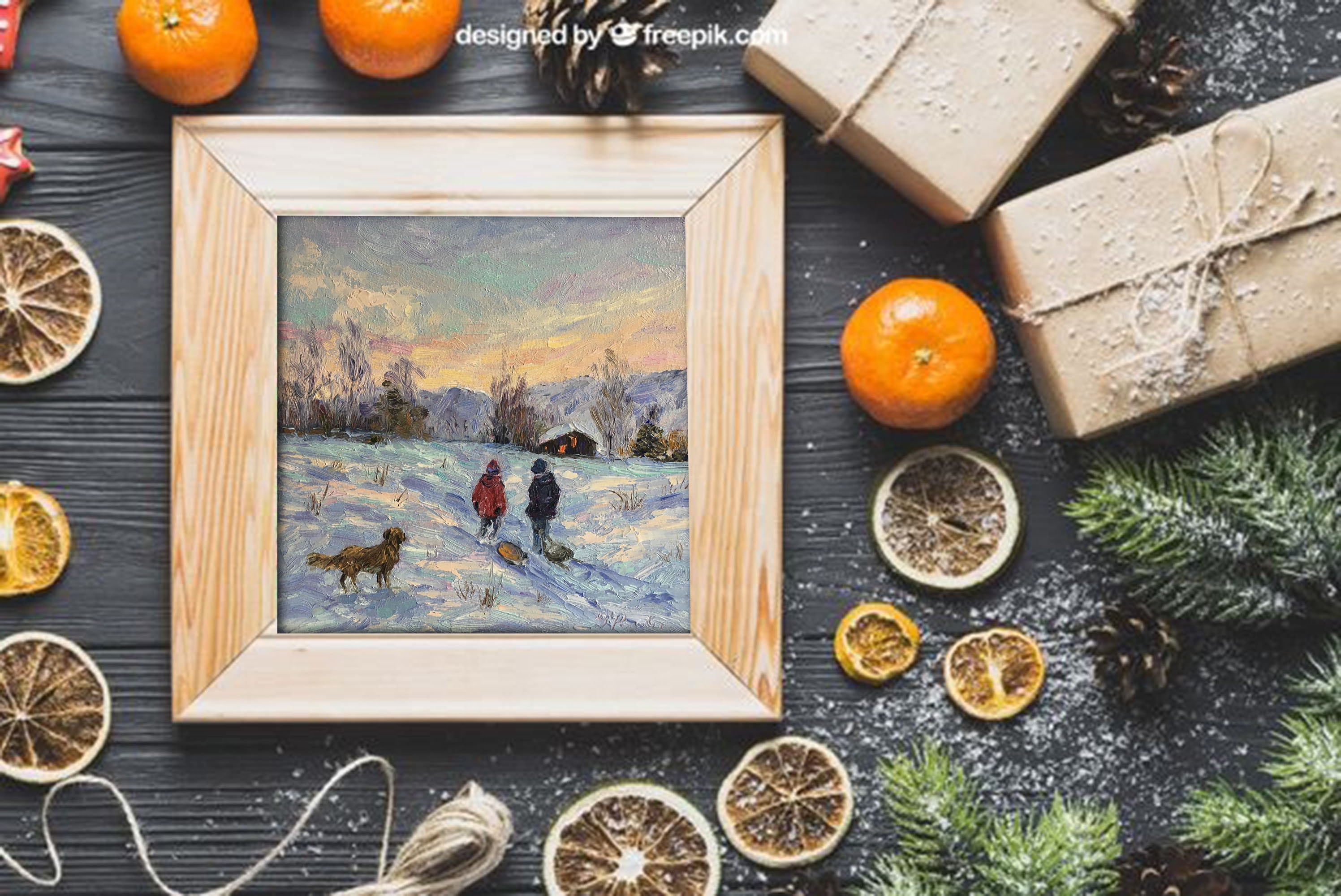 子供たちとの冬景色。油絵オリジナル。印象派の風景。雪絵の冬の風景