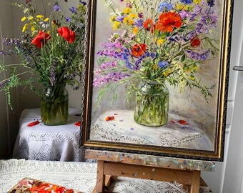 Wildflowers in a Jar Oil Painting Impasto Floral Still Life