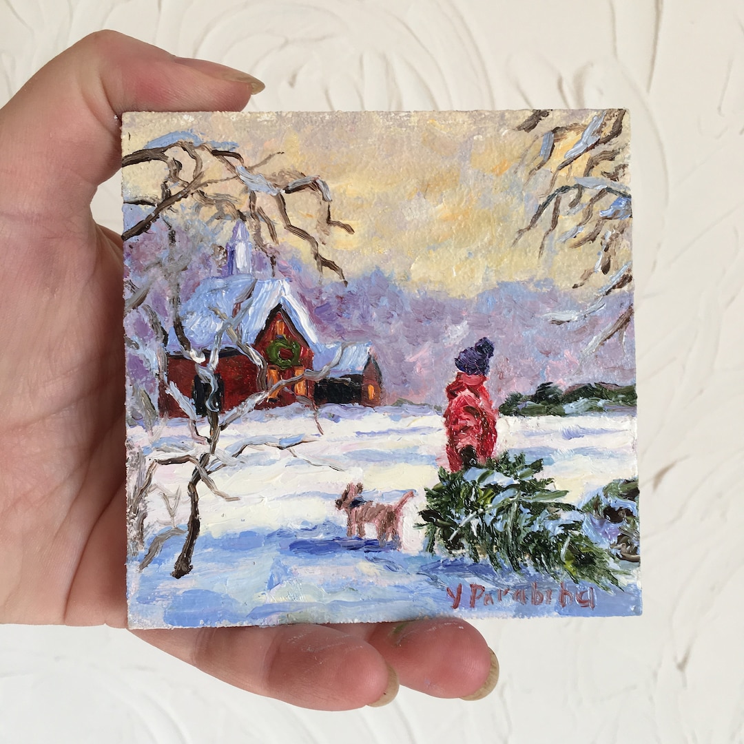 油絵 絵画【冬】 小さな 4 x 4 インチの油絵、冬の油絵、クリスマスの雪の風景、子供と