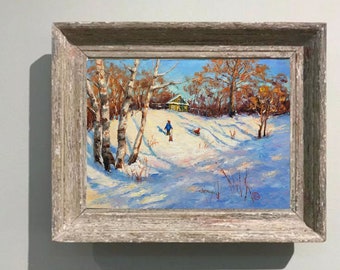 オリジナルの油絵。そりに乗った子供たちと冬の風景。ロシア印象派。村