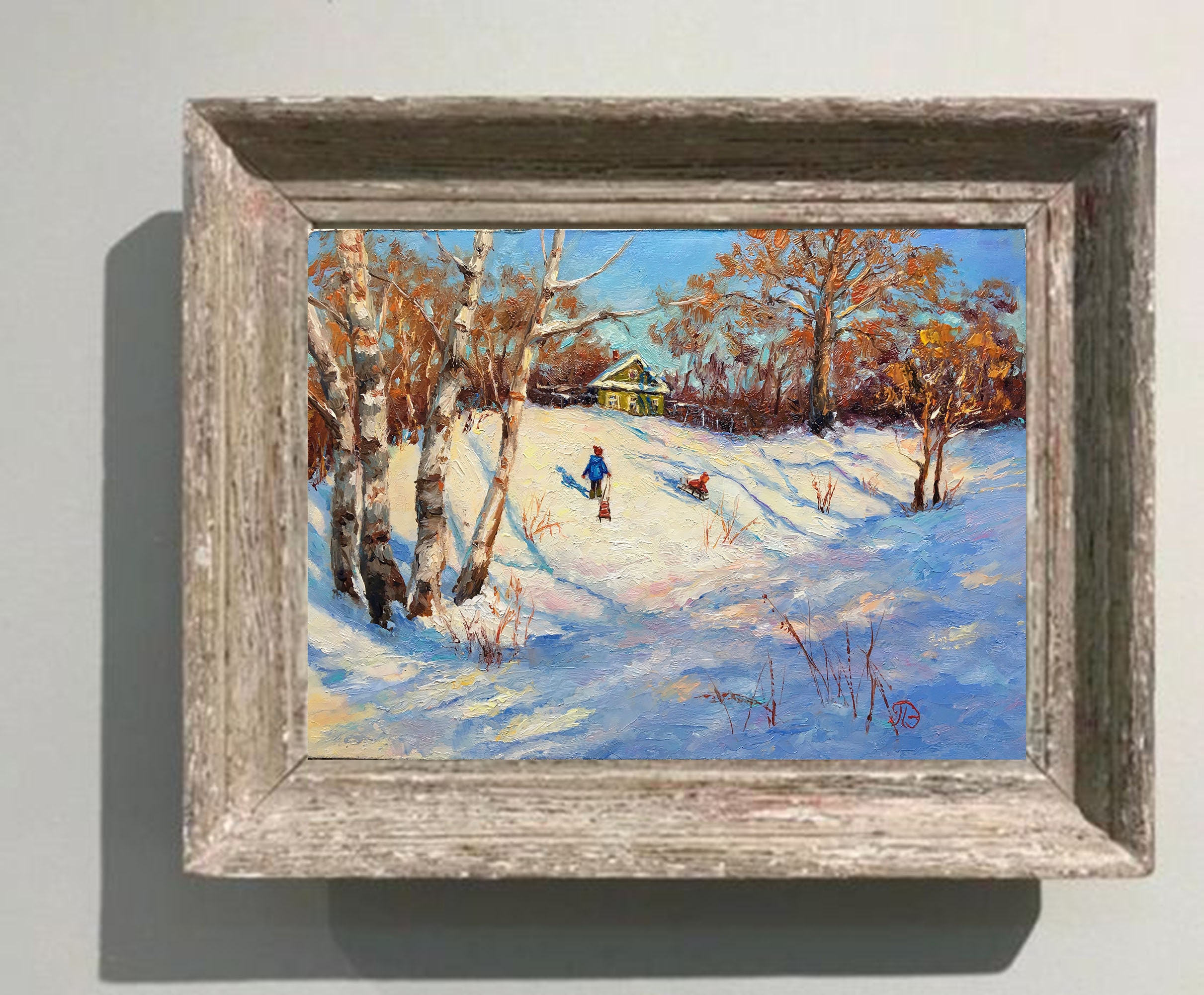 オリジナルの油絵。そりに乗った子供たちと冬の風景。ロシア印象派。村
