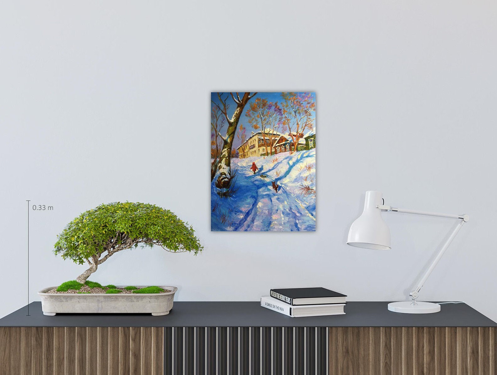 子供たちと冬の風景 オリジナル油絵 ロシアの風景 冬の印象派の風景 雪