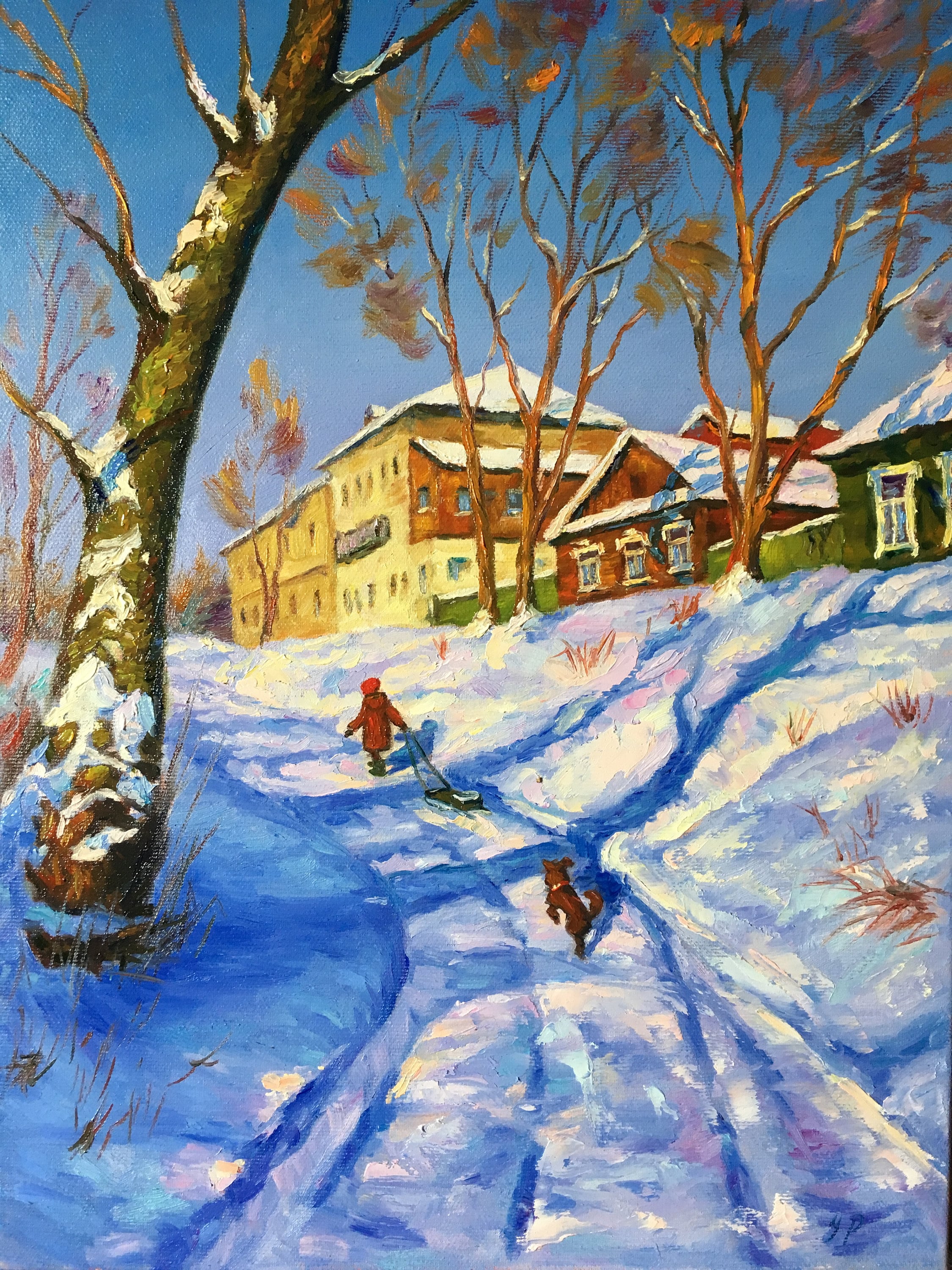 子供たちと冬の風景 オリジナル油絵 ロシアの風景 冬の印象派の風景 雪