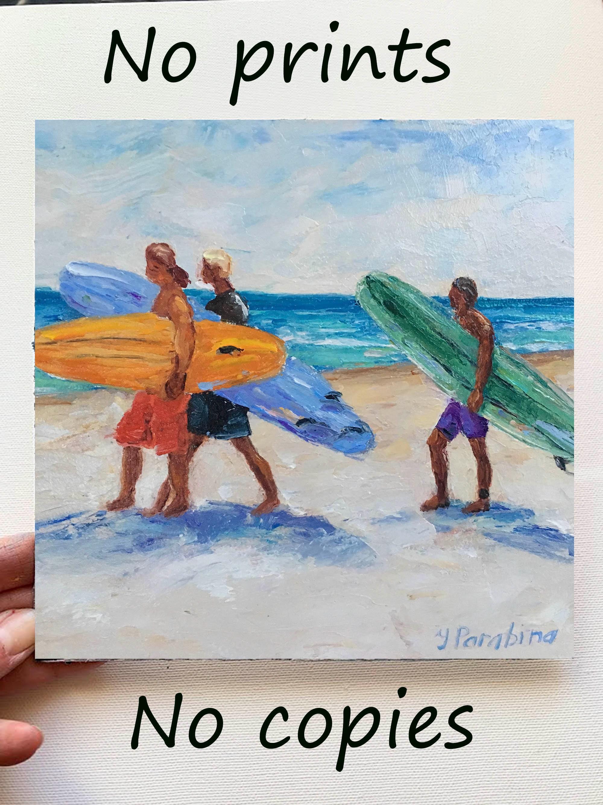 サーフィンのインパスト オリジナル油絵。小さなビーチと海