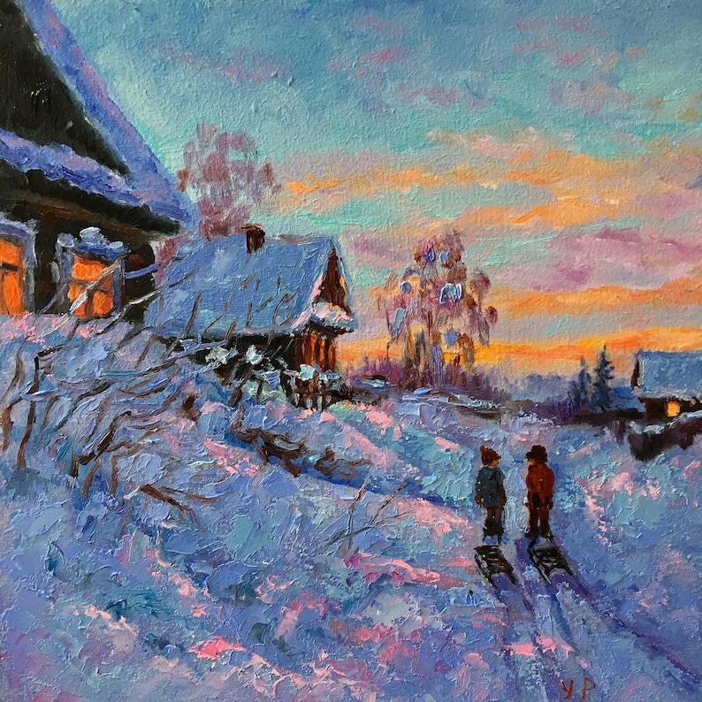 May include: A painting of a snowy winter scene with two figures walking in the distance. The figures are silhouetted against a bright orange and pink sunset sky. The painting is done in a loose, impressionistic style.