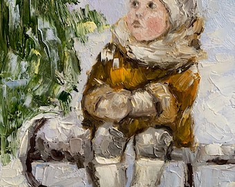 Tiny Original oil painting Winter snow scene with child Vintage style Children Kids SleddIng