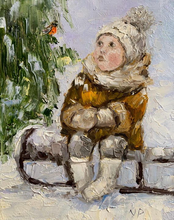 小さなオリジナルの油絵 冬の雪景色と子供 ヴィンテージスタイル 子供