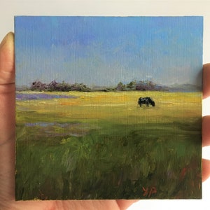 Tiny original oil painting,meadow painting,cow in field, landscape, farm rural painting, impasto art, cow in the summer pasture,calf artwork