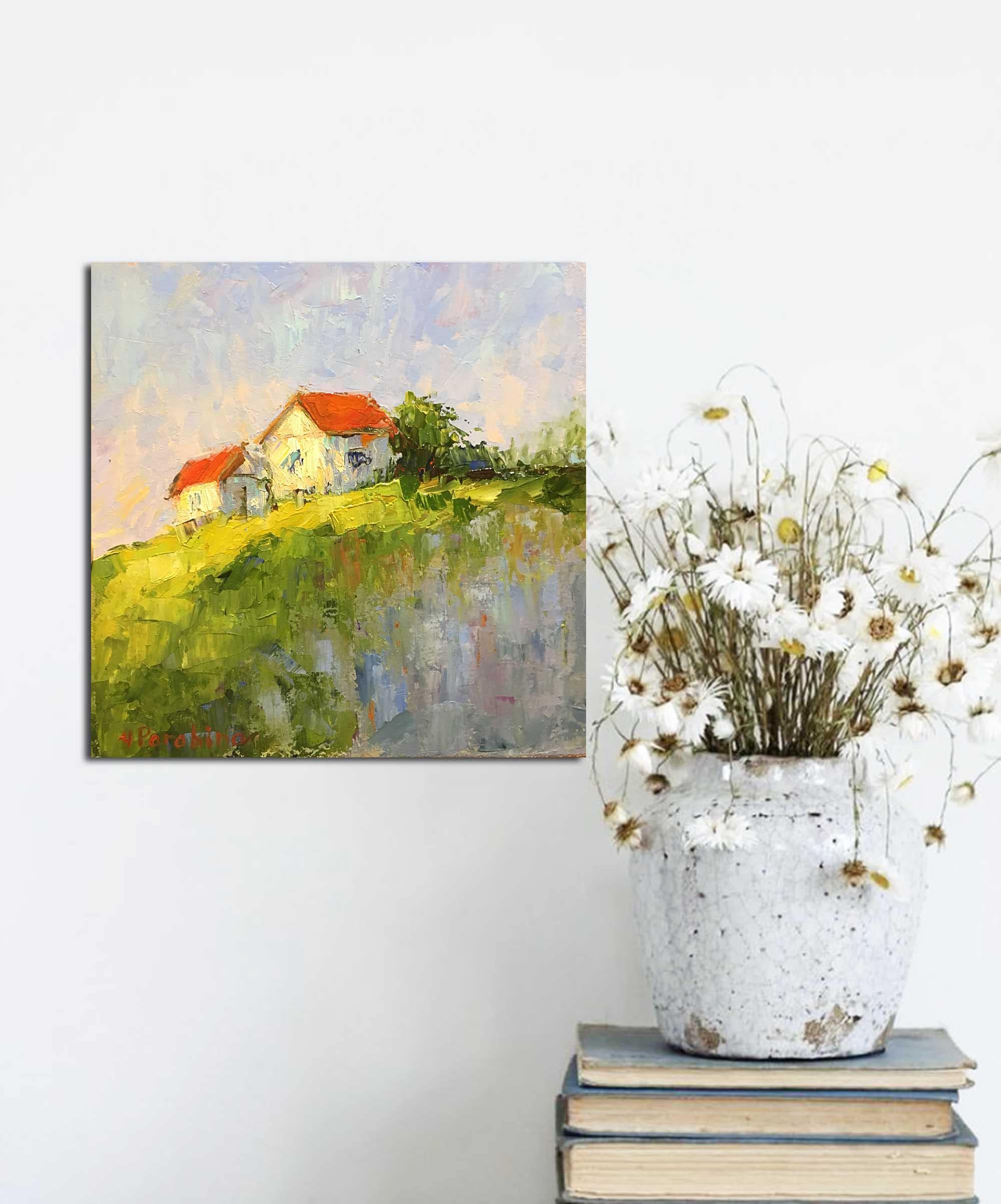 田舎のコテージの油絵／村の抽象的な風景／小さな絵画／大きなアート