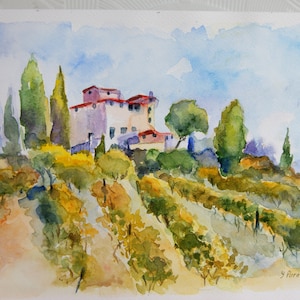 Original Aquarell/Kostenloser Versand/Landschaft italienisches Dorf/Toskanische Malerei/Weinberglandschaft