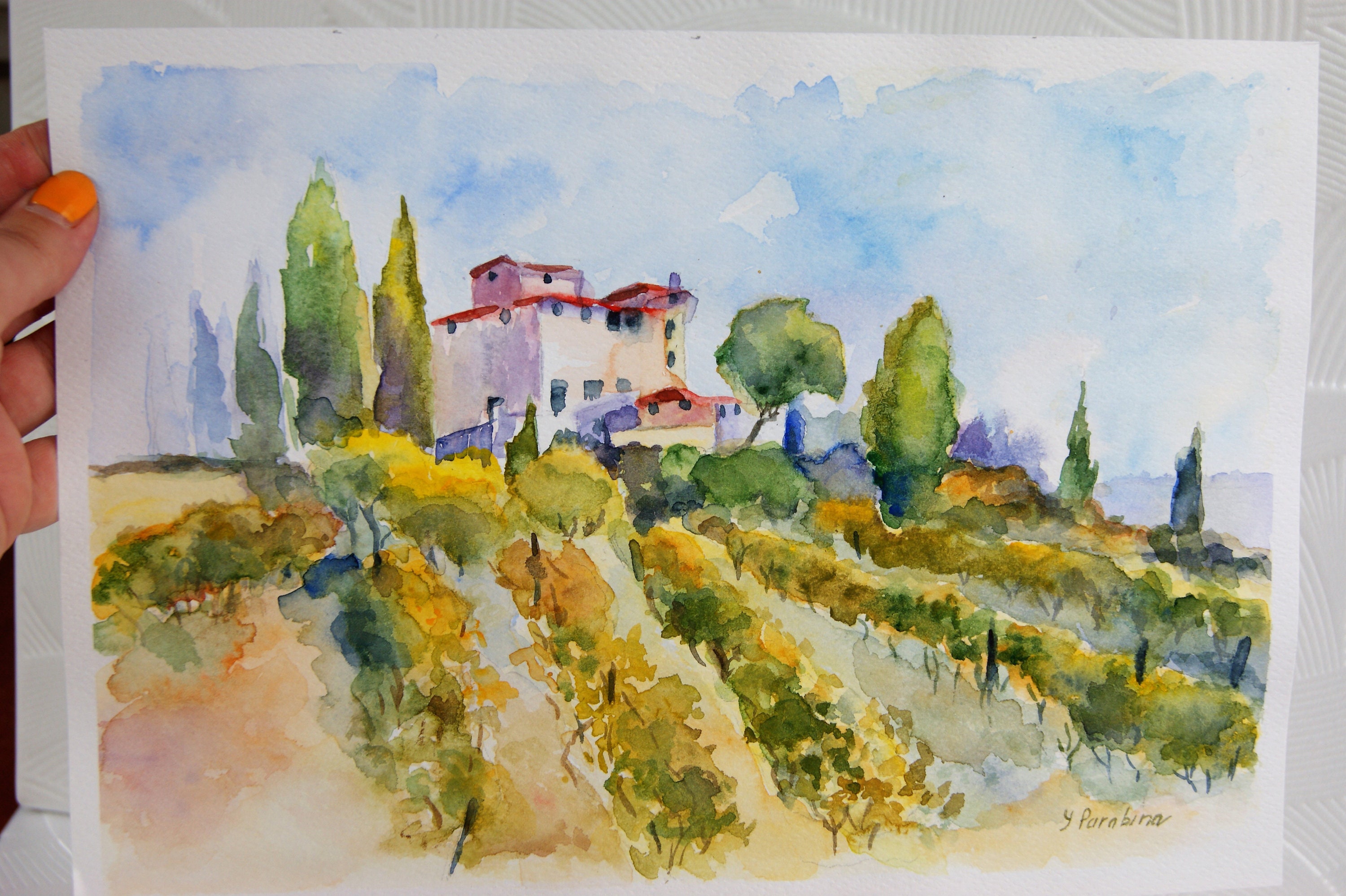 オリジナル水彩画/送料無料/イタリアの村の風景/トスカーナの絵画