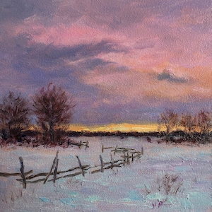 Miniature original oil painting.Rural Landscape.Pink winter sunset.Snowy countryside.Purple sunset art.Impressionist oil painting.Nature