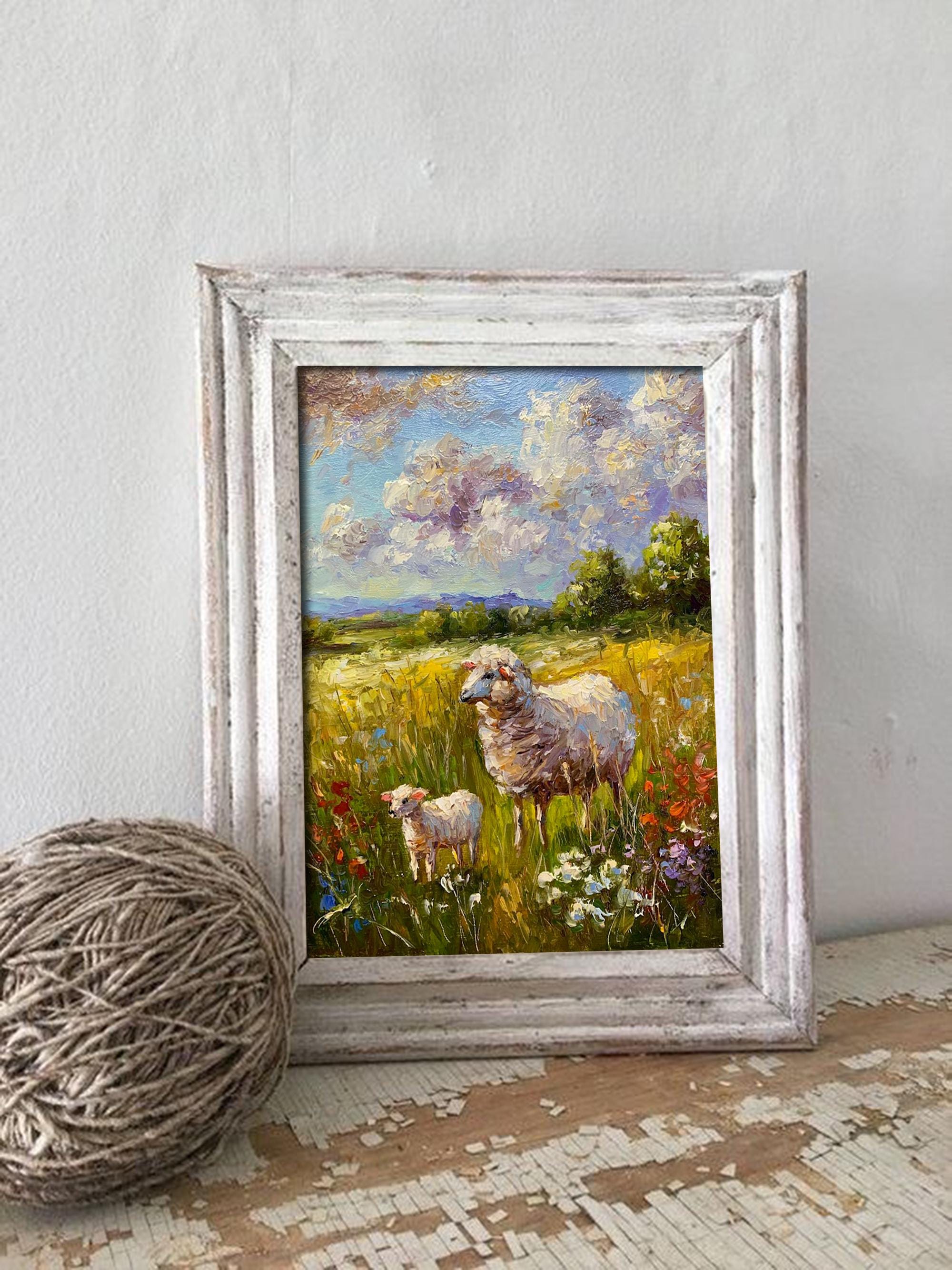 羊の絵 農場の動物 夏の牧草地に描かれた羊のカラフルな厚塗りの絵画