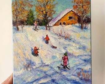Escena invernal, pintura al óleo, niños jugando con la nieve, pequeño paisaje impresionista, lienzo, arte, 7x8, campo, arte original, obra de arte impresionista