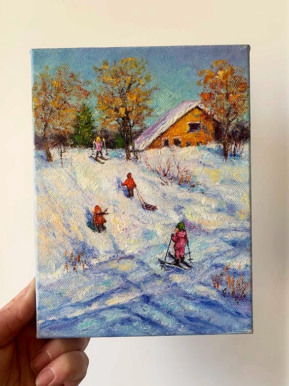 冬の風景油絵 雪遊びをする子供たち 小さな印象派の風景画 キャンバス