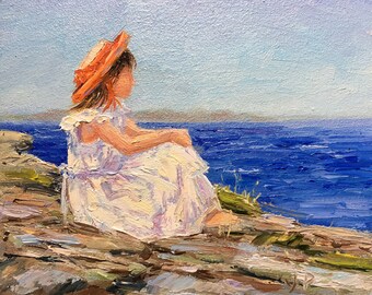 小さなオリジナル油絵、子供たちのいる海の風景、女の子のアート