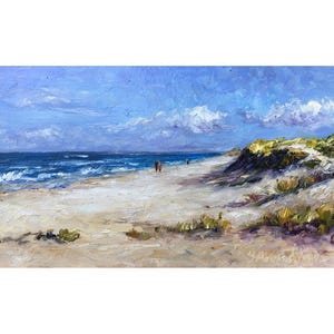 サーフィンのインパスト オリジナル油絵。小さなビーチと海