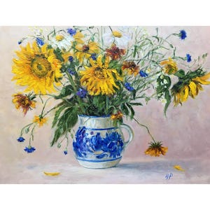 Original Art Sunflower Oil Painting Flower Sunflower Oil Painting on canvas Bouquet of wild flowers in a vase Impasto painting Impressionist