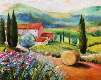 自作のイタリア「トスカーナ州の人物写真」です。 トスカーナの風景油絵 イタリア トスカーナの芸術 厚塗り絵画 田舎の家