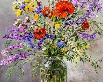 Wildflowers in a Jar Oil Painting Impasto Floral Still Life