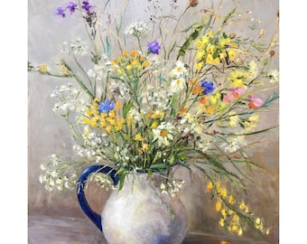 Delicate bouquet wildflowers oil painting Flowers original painting Ceramic Vase large art 16x20 inch Wild flowers Impressionist Wall art