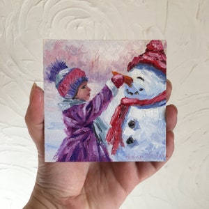 Tiny 4 x4  inchеs Oil Painting winter oil painting  Christmas Snow Scene Winter scene with children  Art Сhildhood  Snowman art   landscape