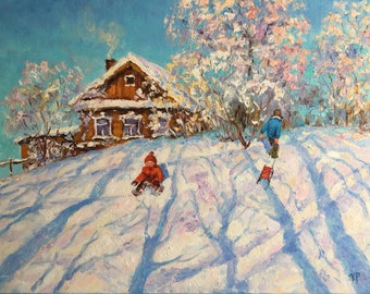 Oil painting 0riginal Winter scene with children Sledge Russian landscape Impressionism landscape Cityscape Art Сhildhood
