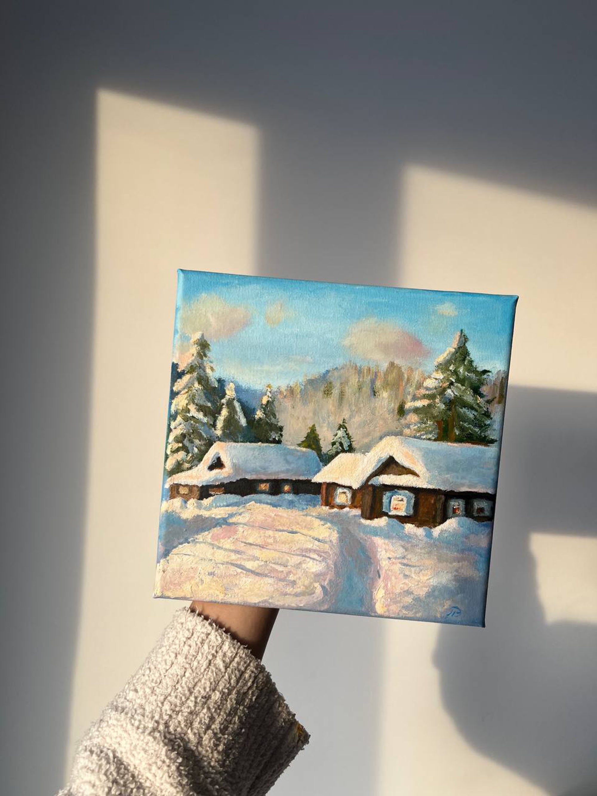 冬の村/キャンバスに描かれた田園風景/オリジナル油絵/森と雪の中の