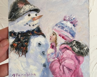 Tiny painting,Original oil painting,Children Playing Miniature painting,Winter scene with children,Winter landscape Snow Painting,Snowman