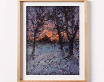 Peinture à l’huile originale, Art rural de paysage, Peinture d’empâtement de neige, Petite image du coucher de soleil d’hiver dans la forêt, Peinture sombre, Œuvre d’art sereine