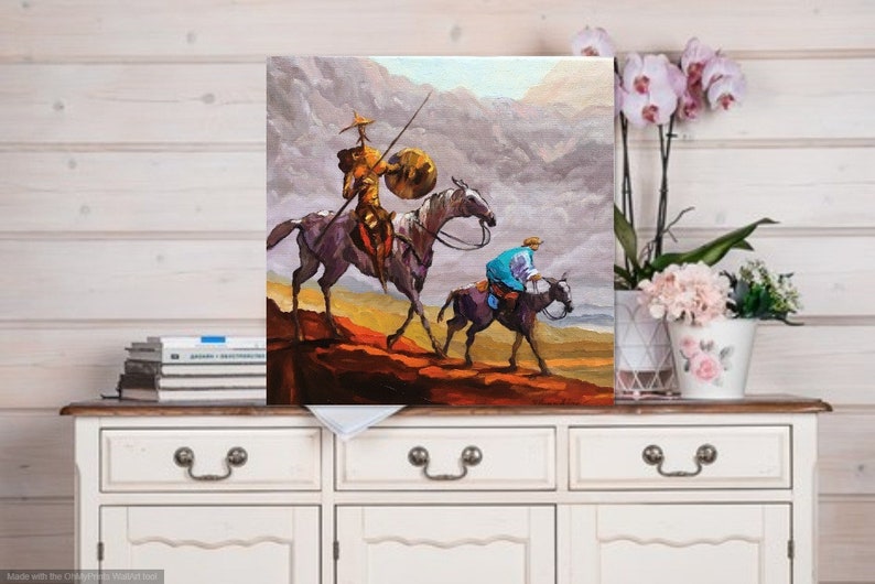 May include: A painting of two figures on horseback riding through a mountainous landscape. The figures are wearing colorful clothing and the horses are brown and white. The background is a hazy blue and gray.