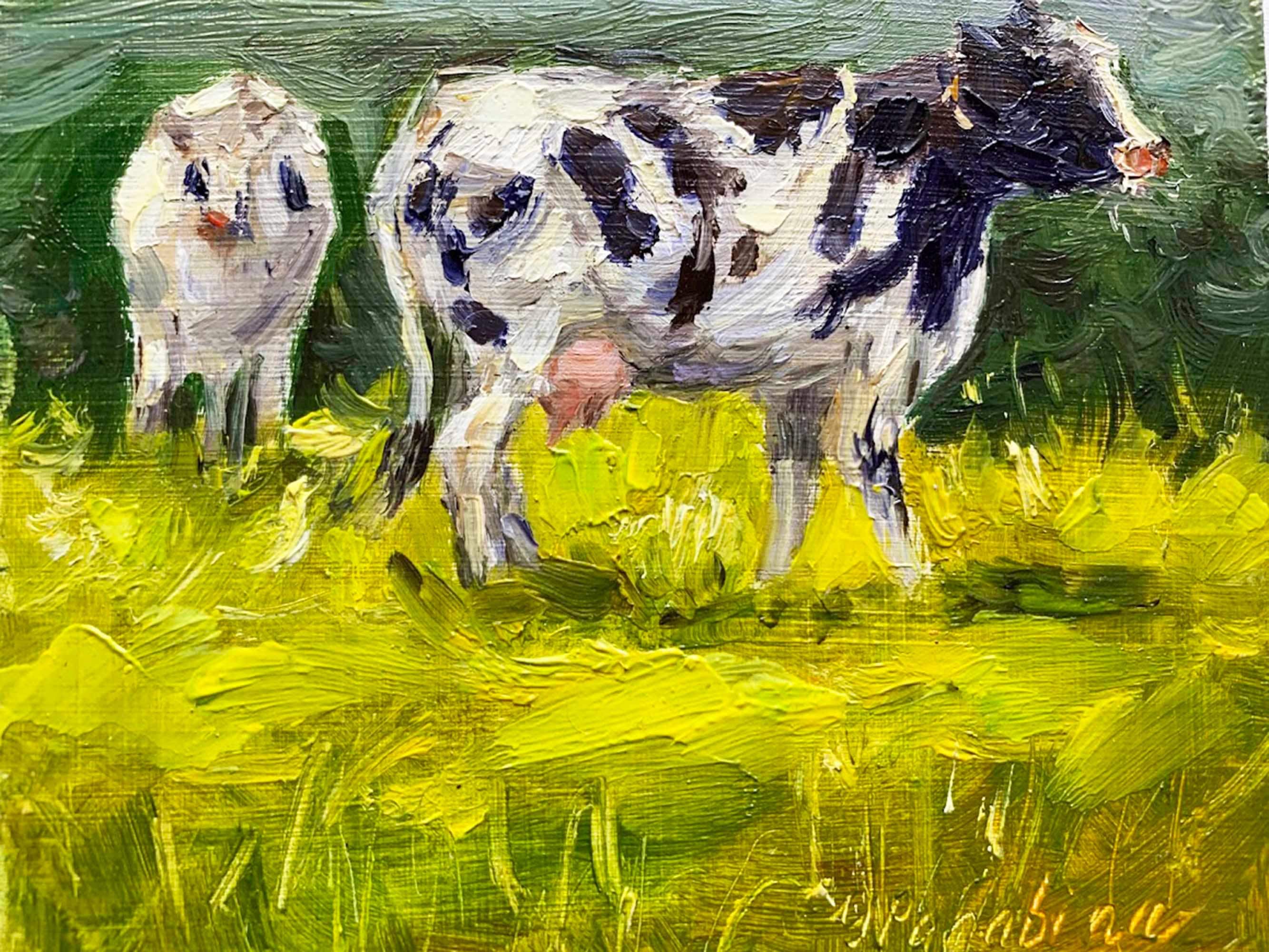 畑の牛 農場の動物 油絵 ミニチュア牛アート 斑点模様 小さな素朴な