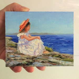 Petite peinture à l’huile originale, paysage marin avec des enfants, art de fille, enfant vintage, art méditerranéen, art impressionnisme, 4x5 pouces, océan, mer, rochers
