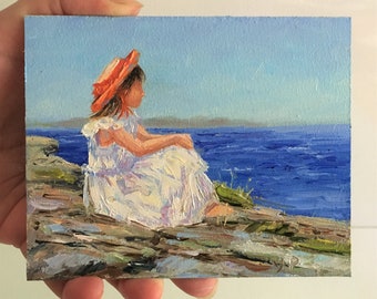 海辺の少女の油絵、海岸印象派アート、ミニ海景画、オリジナルビーチ