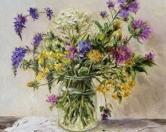 Boeket wilde bloemen. Origineel olieverfschilderij. Rustiek bloemenstilleven. Handgeschilderd wanddecoratie. Canvas 16x16 inch. Klassieke woondecoratie.