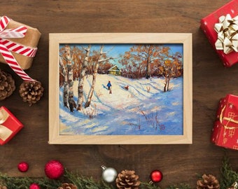 オリジナルの油絵。そりに乗った子供たちと冬の風景。ロシア印象派。村