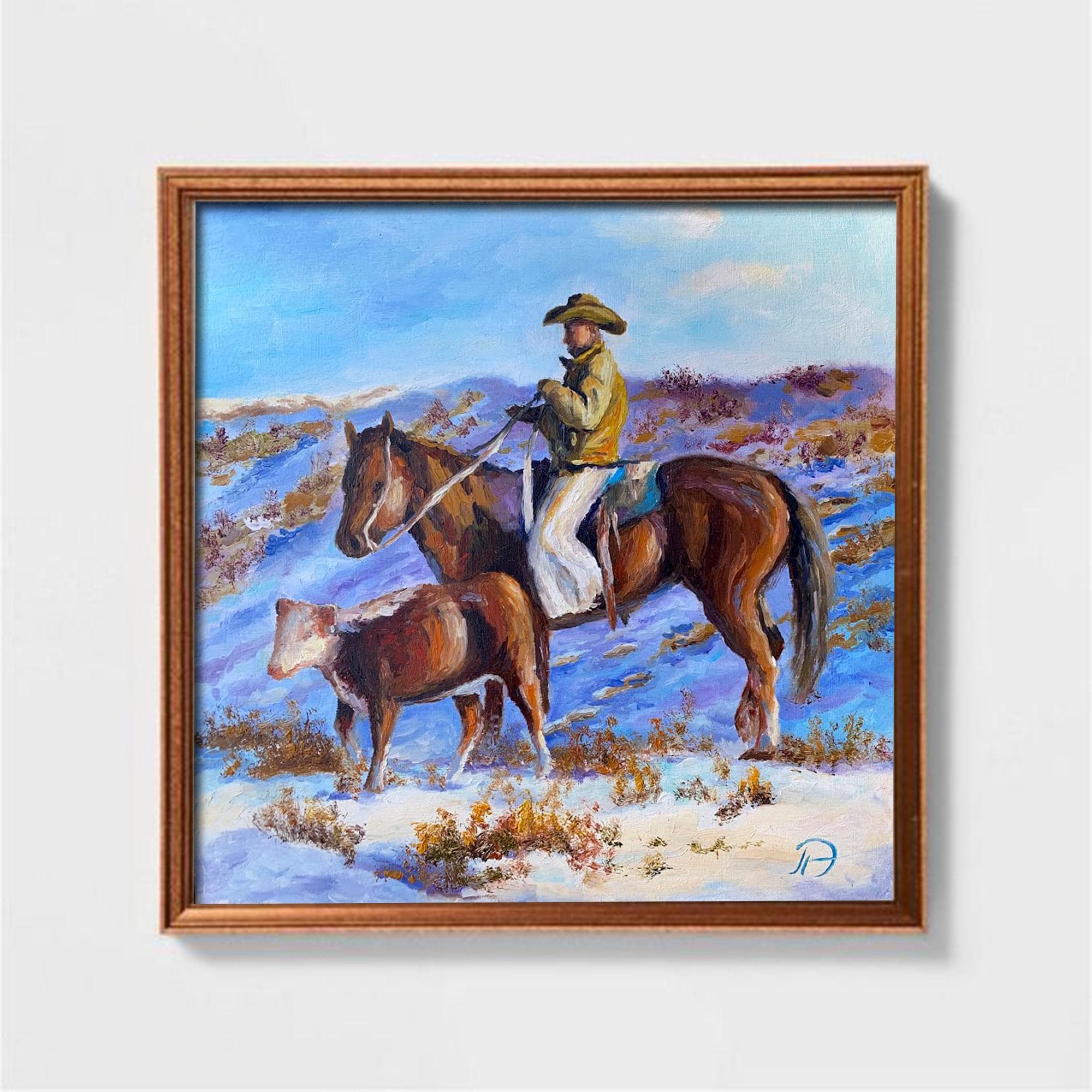 【真作】絵画　油彩　夕暮れのカウボーイと馬　牧場風景　ウエスタンアート　Y183 真作】絵画 油彩 夕暮れのカウボーイと馬 牧場風景 ウエスタンアート