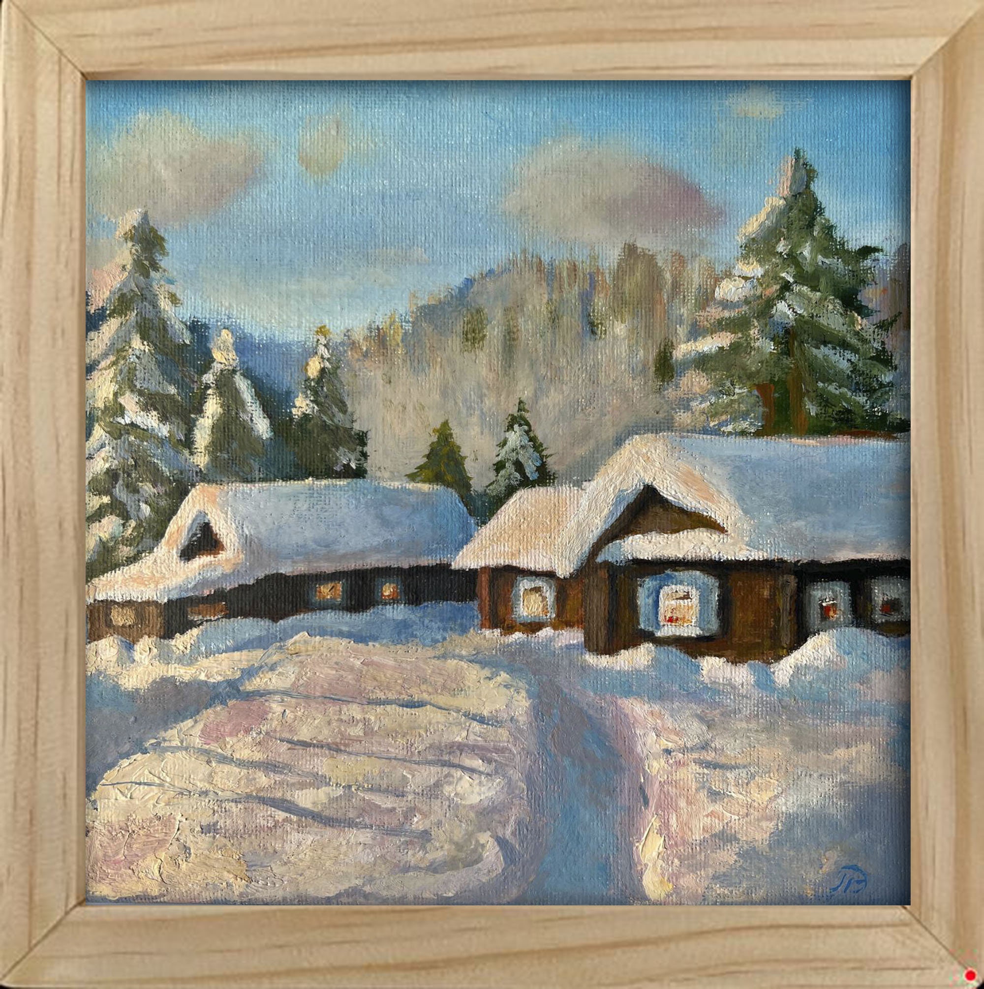 冬の村/キャンバスに描かれた田園風景/オリジナル油絵/森と雪の中の