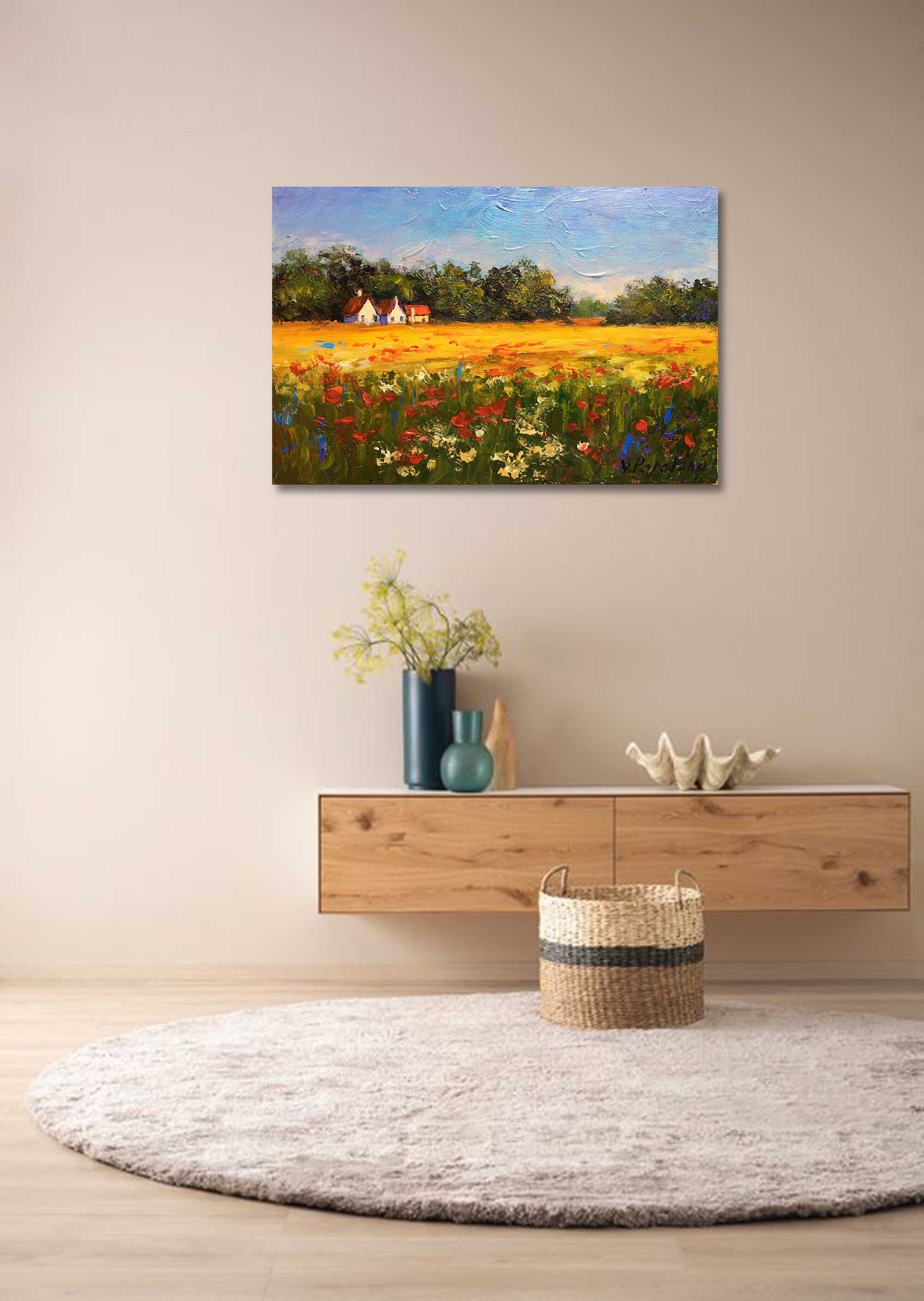 オリジナル油絵。トスカーナの夏の村の風景。畑や木々、家々が描かれ