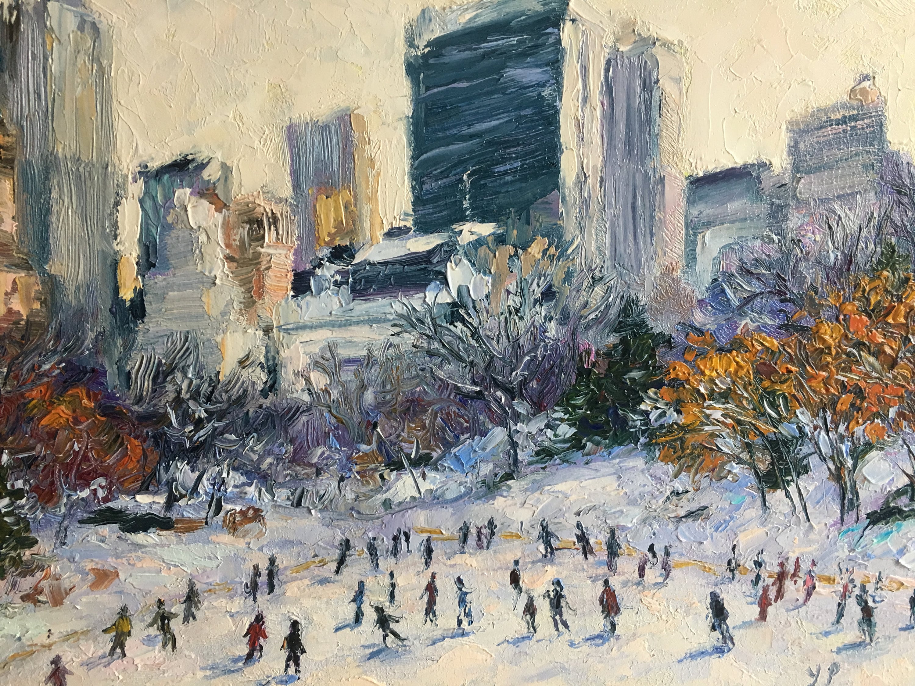 オリジナル油絵セントラルパークアイススケート冬景色オリジナルアート