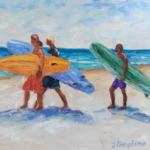 Art Surfing Original oil painting Impasto Painting Art Small Beach and ocean People with Surfboard Hawaii Surfing 7x8